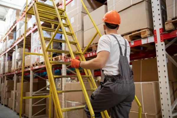 Hombre con casco de seguridad naranja,guantes y overol, subiendo una escalera amarilla en un almacén lleno de cajas apiladas en estantes.